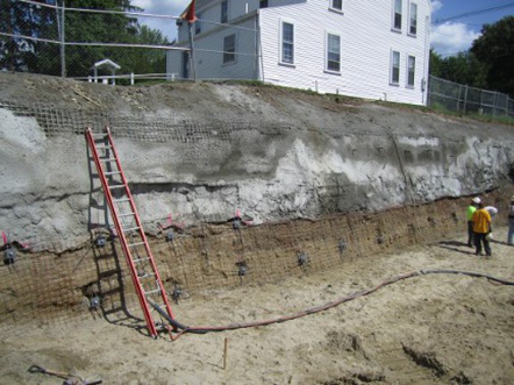 Learning Center for the Deaf, Framingham, MA using helical soil screws to stabilize retaining wall